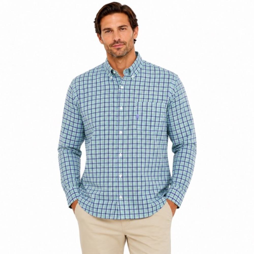 Johnnie-O Men's Linen Cotton Plaid Button Down Shirt XXL / 2XL Blue Green Preppy